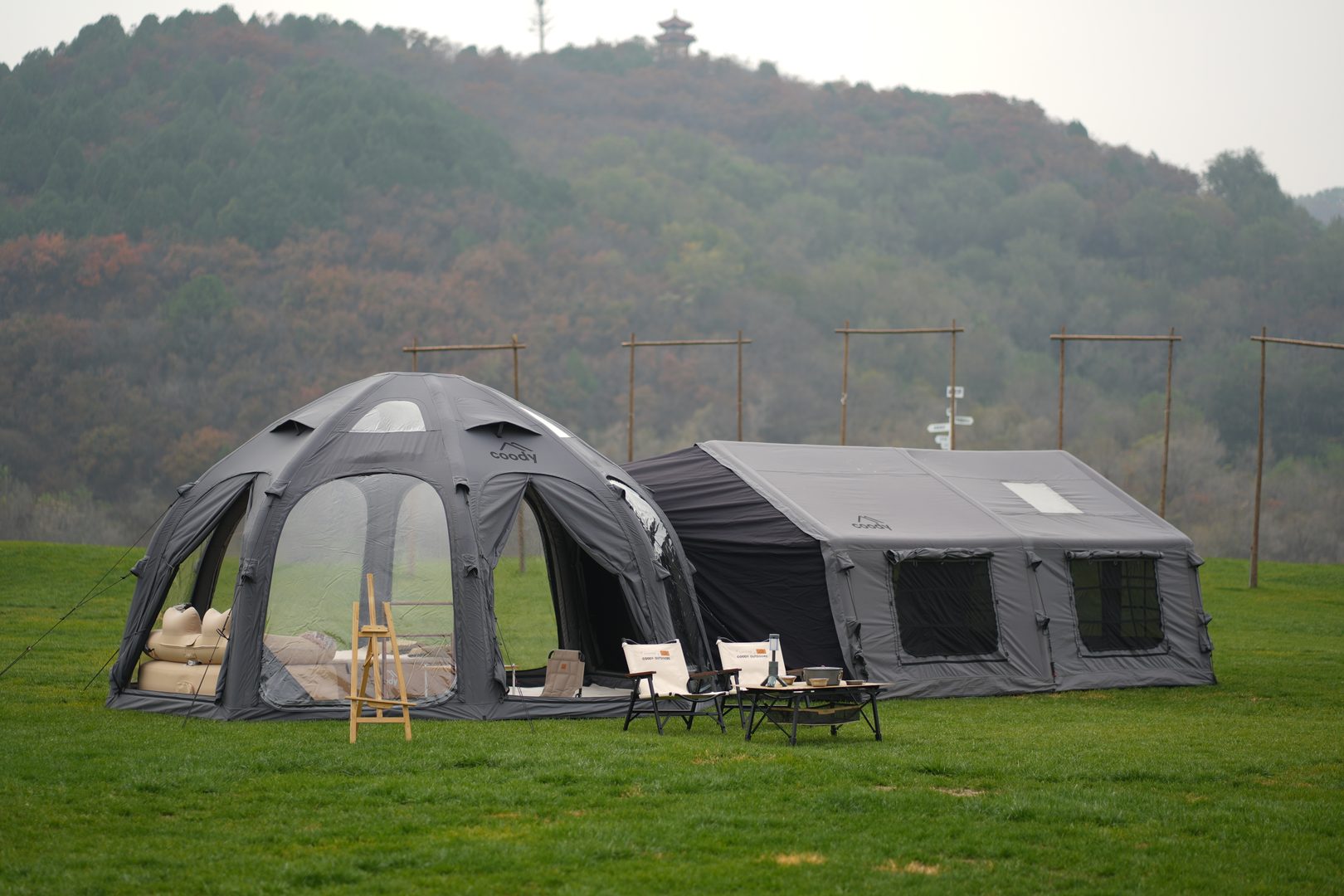 Coody Dome and Hub inflatable tent setup