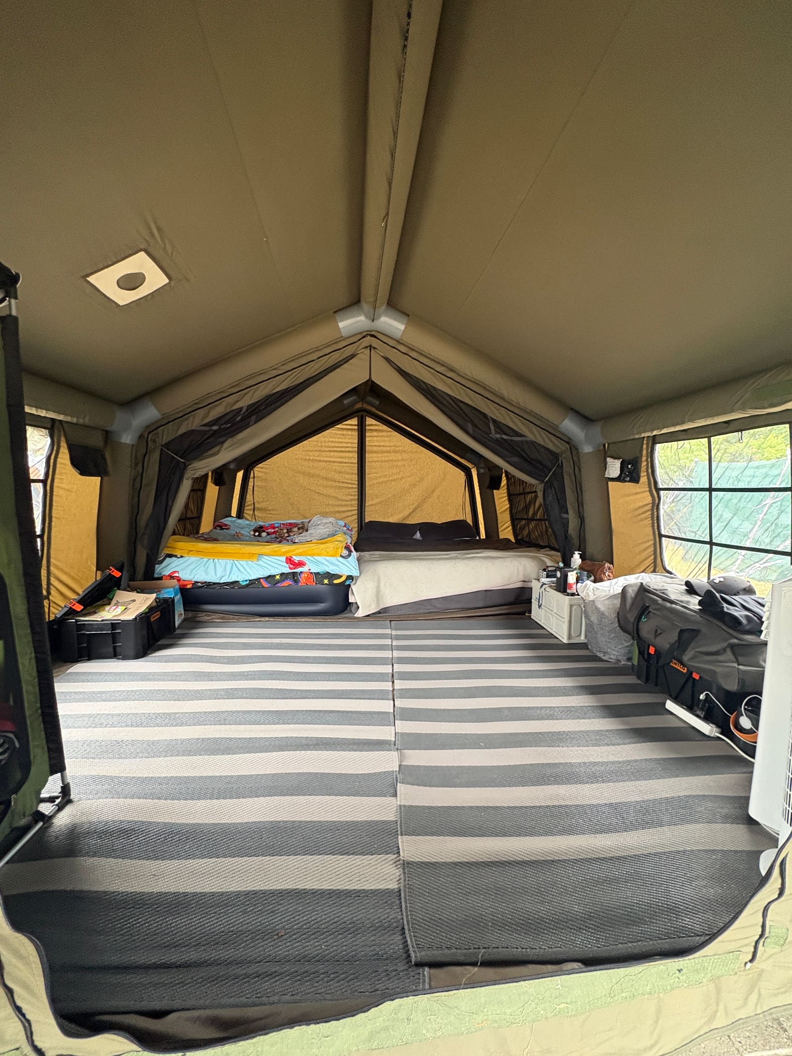 Coody King airbed and Queen airbed set up inside the Familia tent at Dwarswegstrand