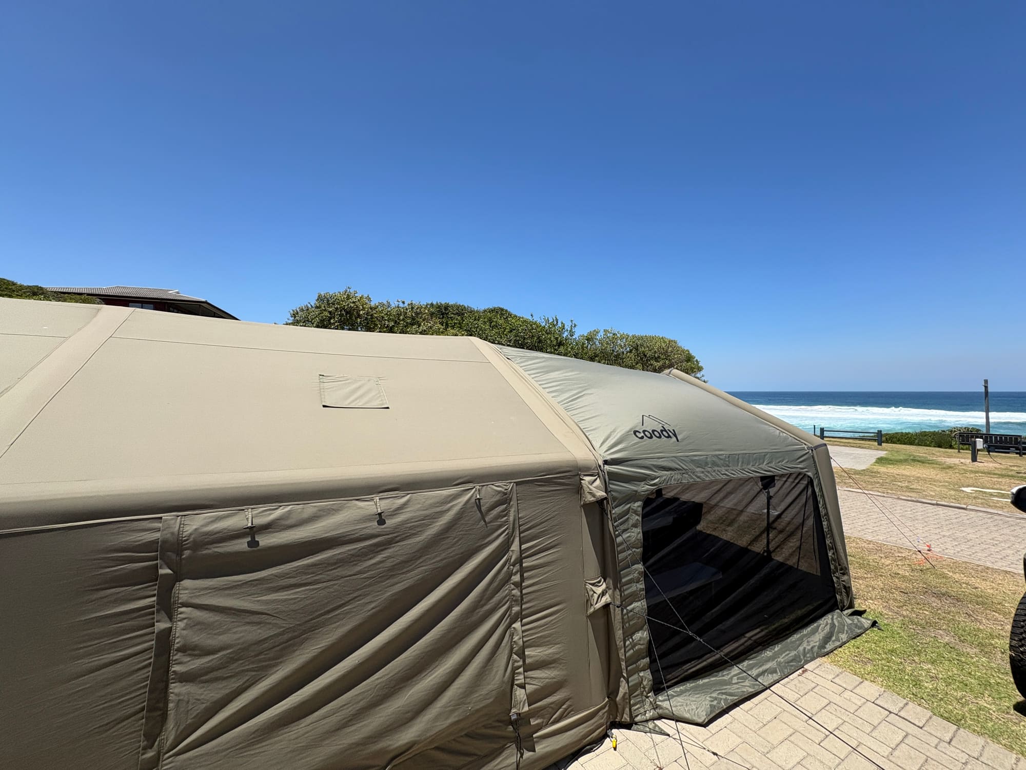 Coody Familia inflatable tent set up at Dwarswegstrand campsite, Great Brak River