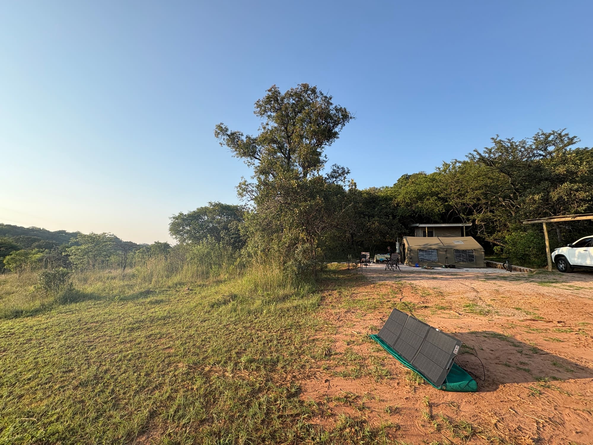 Coody tent set up at Kleinood Guest Farm with a wide view over the farm and bush