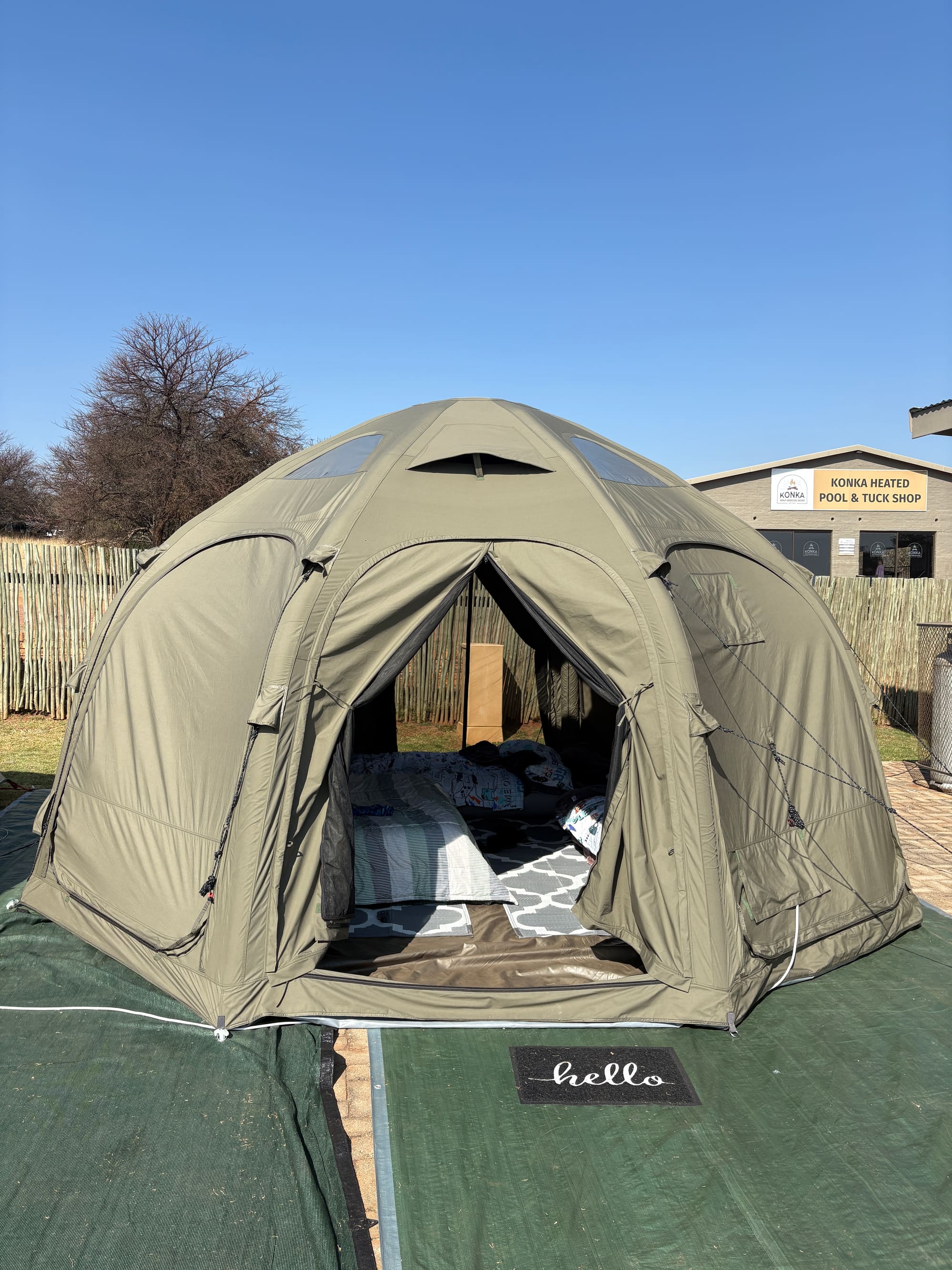 Close view of the Coody dome tent entrance at Konka, Magaliesburg, welcome mat at the door