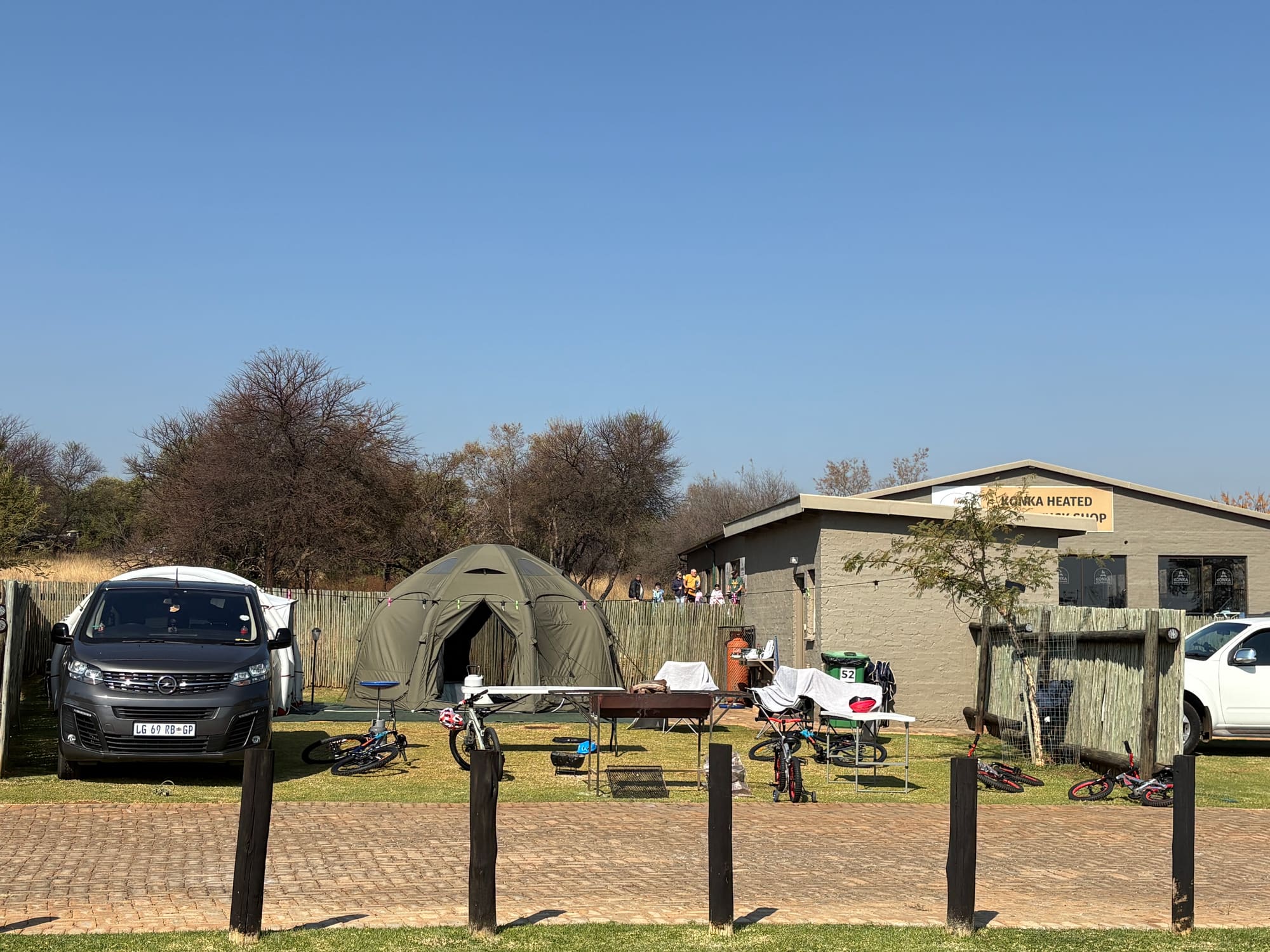 Coody dome tent set up at Konka, Magaliesburg, in front of the Konka Heated Pool and Tuck Shop