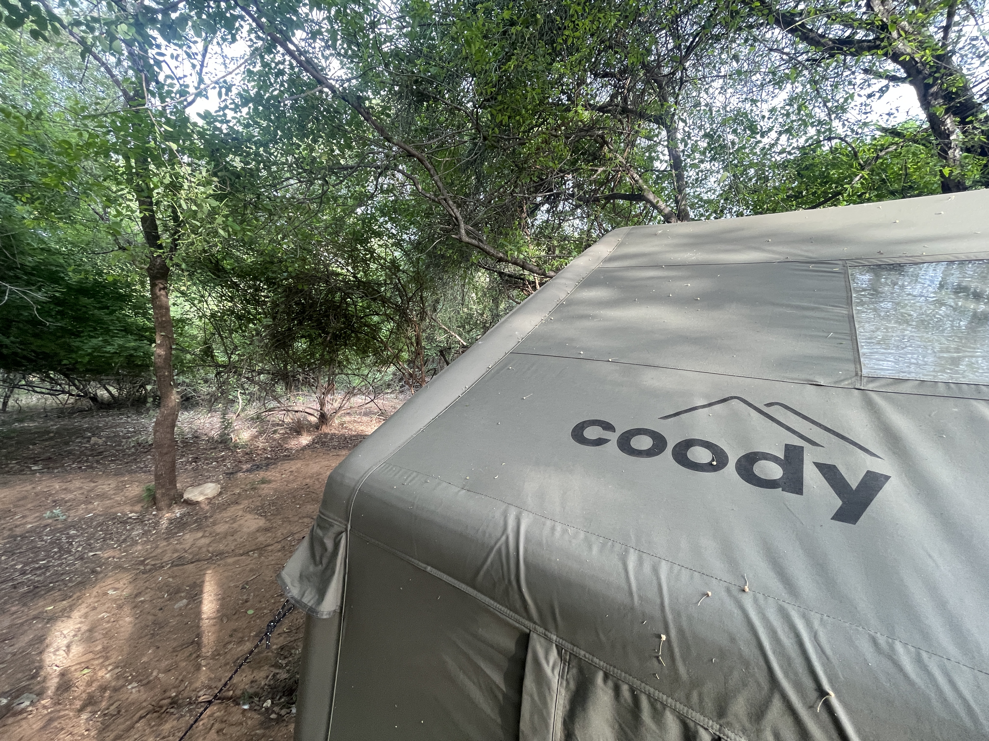 The Coody logo on the side of the inflatable tent in the Kruger National Park bush