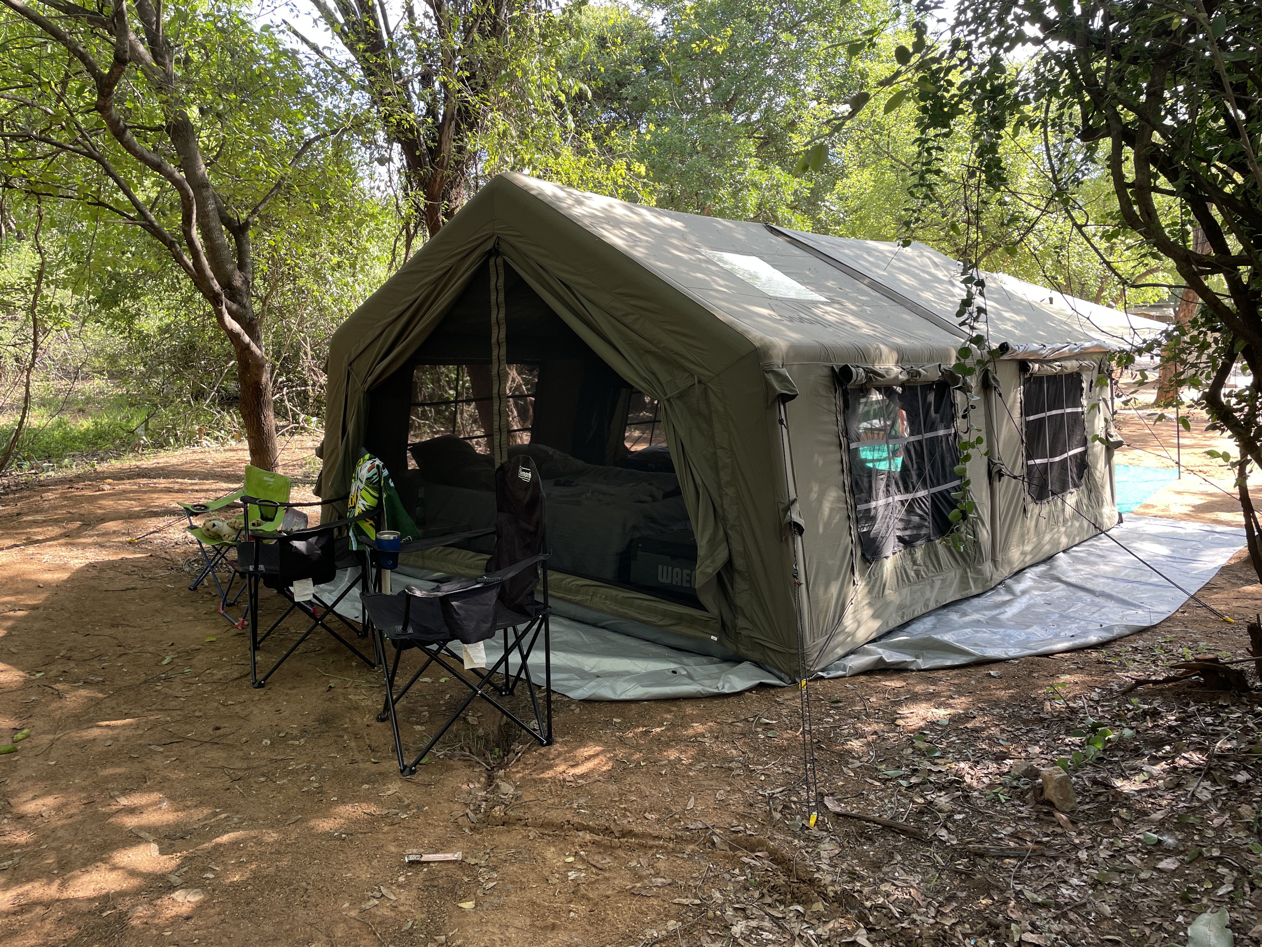 Coody Familia inflatable tent fully set up at Berg en Dal campsite, Kruger National Park — chairs outside, surrounded by indigenous bush