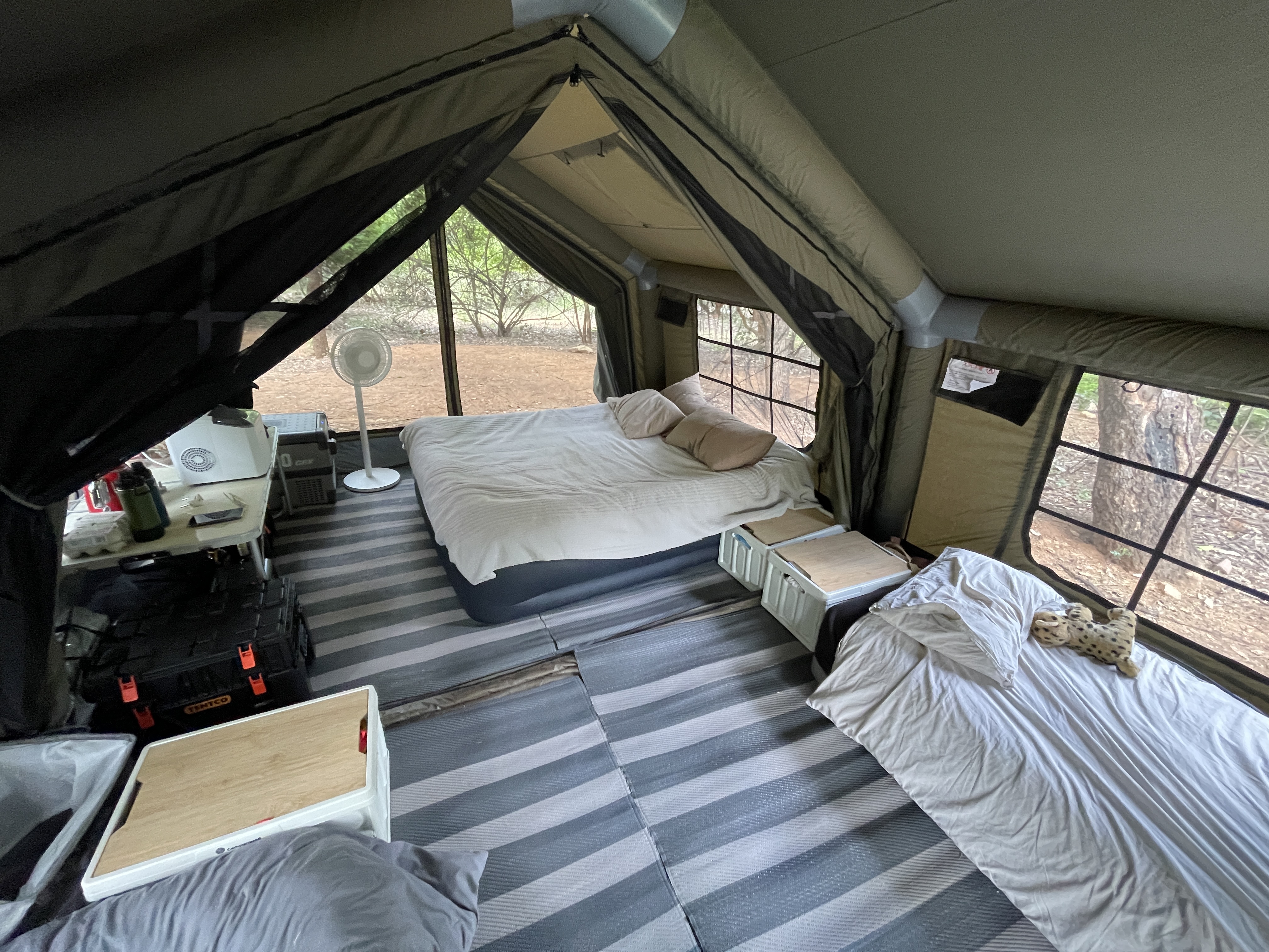 Inside the Coody Familia at Berg en Dal, daytime view showing the full living space with fan running
