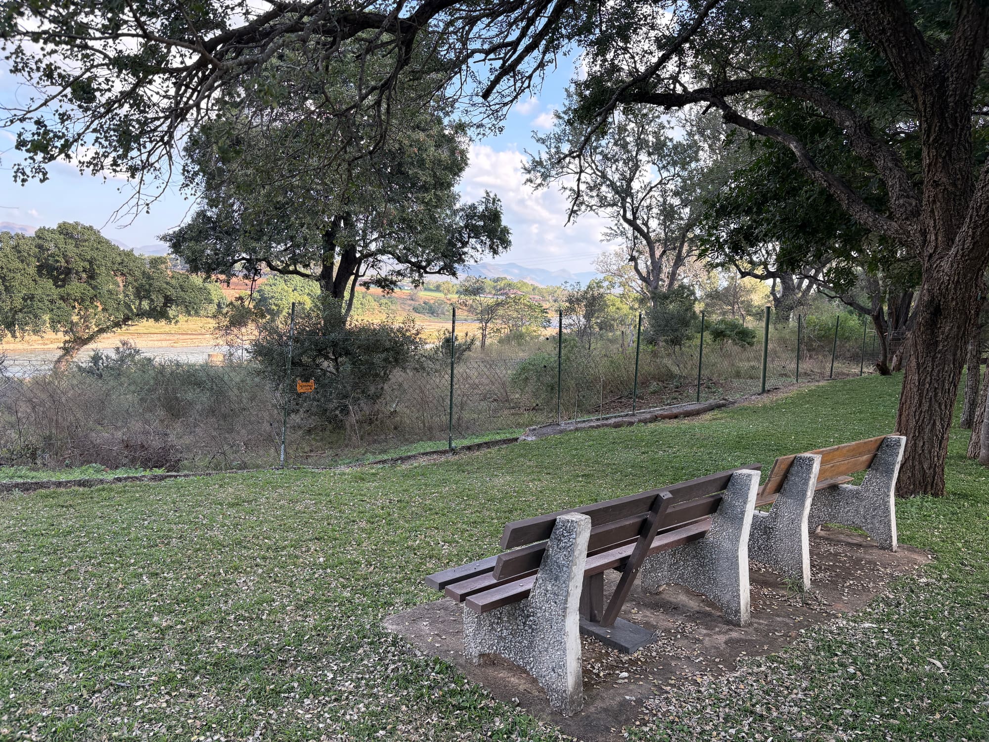 Bench overlooking the river valley at Malelane rest camp, Kruger National Park