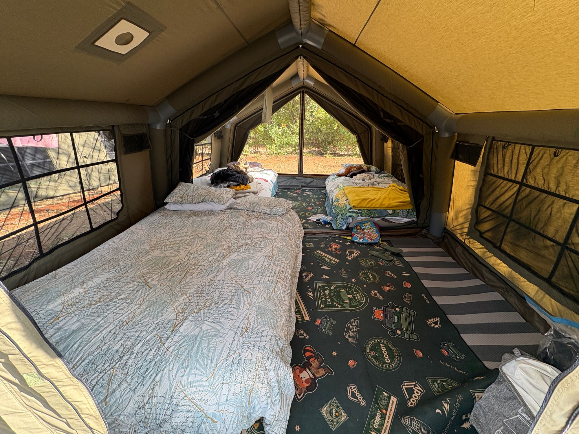 Interior of the Coody Familia tent at Malelane, two beds made up