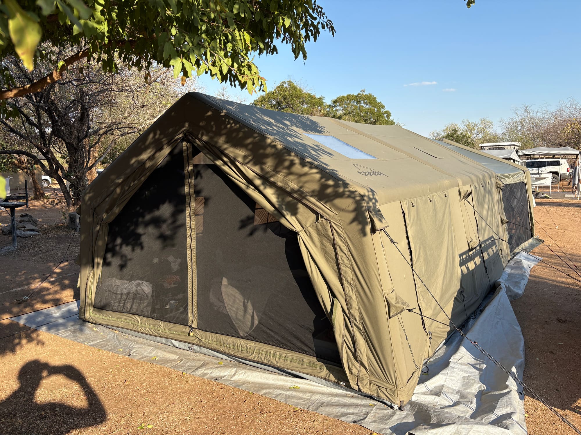 Coody Familia inflatable tent set up at Satara campsite, Kruger National Park